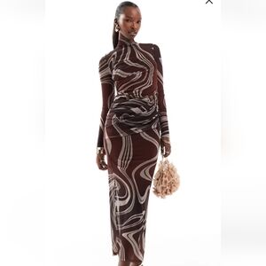 ASOS High Neck Swirl Stripe Print Mesh Midi Dress